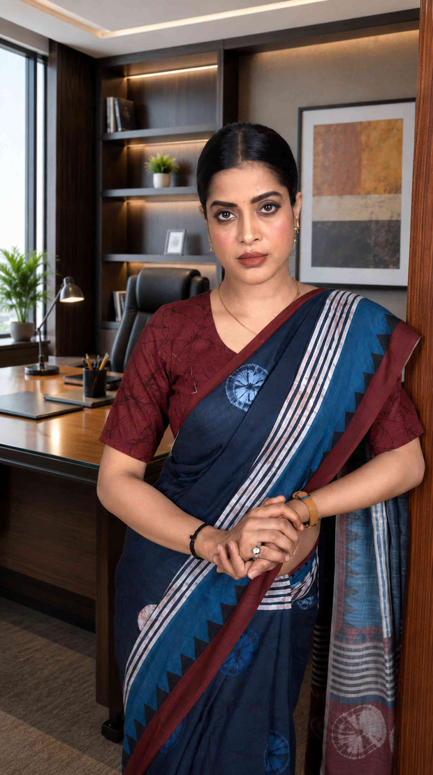 Blue geometric printed cotton blend saree formal wear