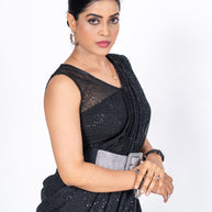 Black sequin embroidered georgette saree evening wear