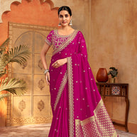 Pink floral embroidered silk blend saree party wear