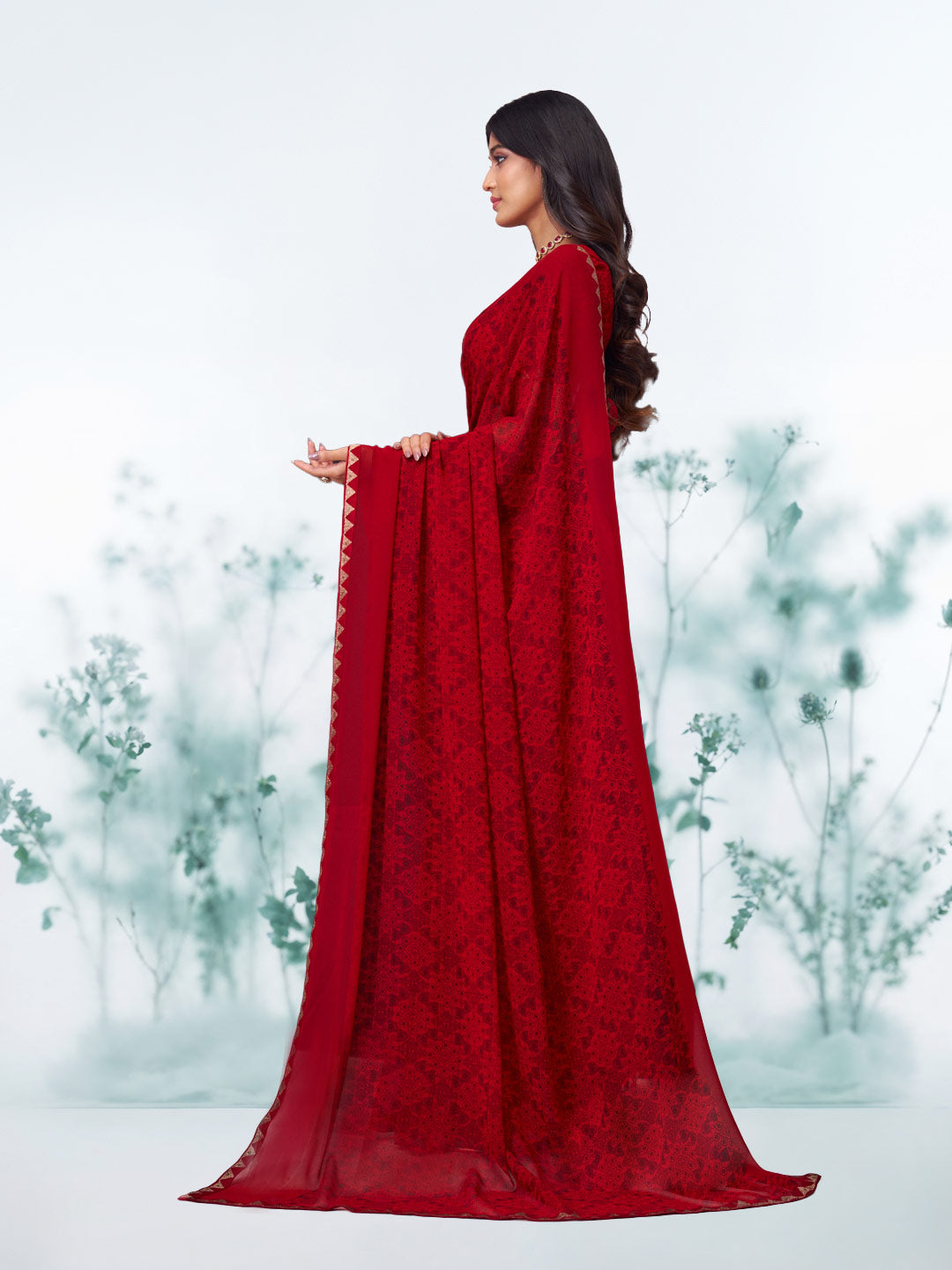 Red floral printed georgette saree daily wear