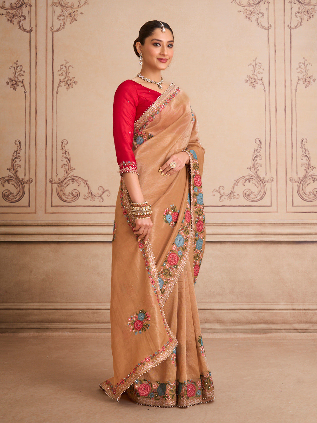 Brown floral embroidered silk blend saree casual wear