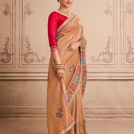 Brown floral embroidered silk blend saree casual wear