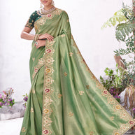Green floral embroidered silk saree premium wear