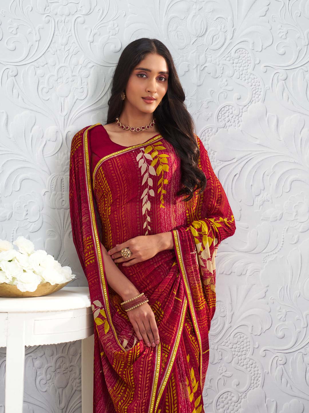 Pink floral printed georgette saree wedding wear