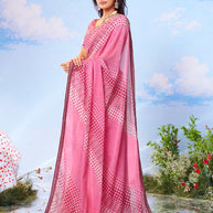Pink geometric printed chiffon saree party wear 