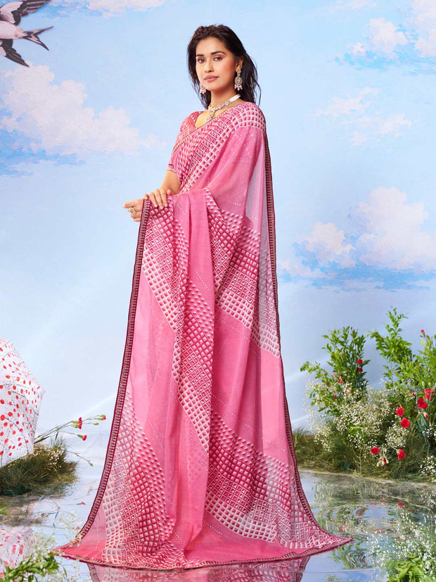 Pink geometric printed chiffon saree party wear 
