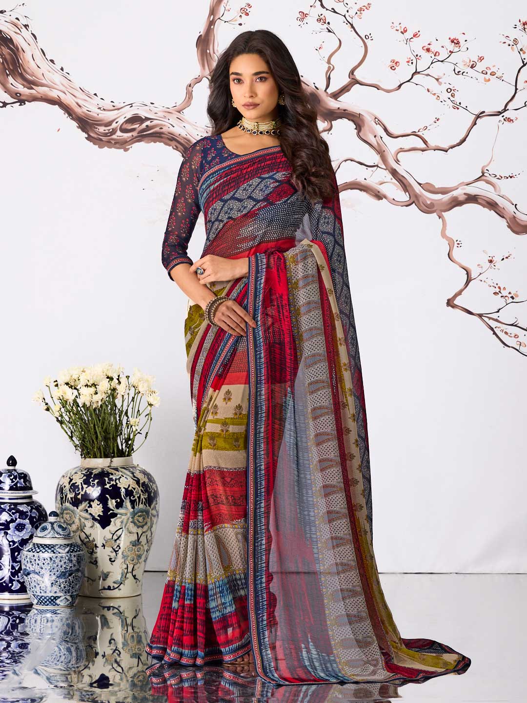 Multicolor horizontal printed georgette saree daily wear