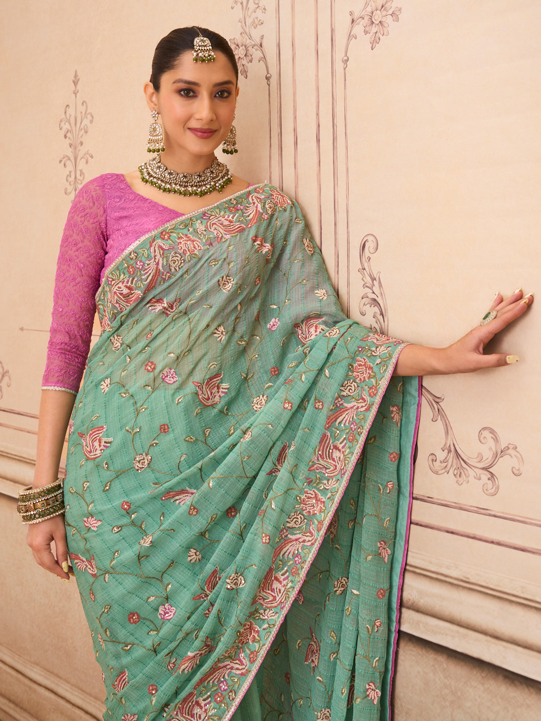 Green embroidered chiffon saree wedding wear