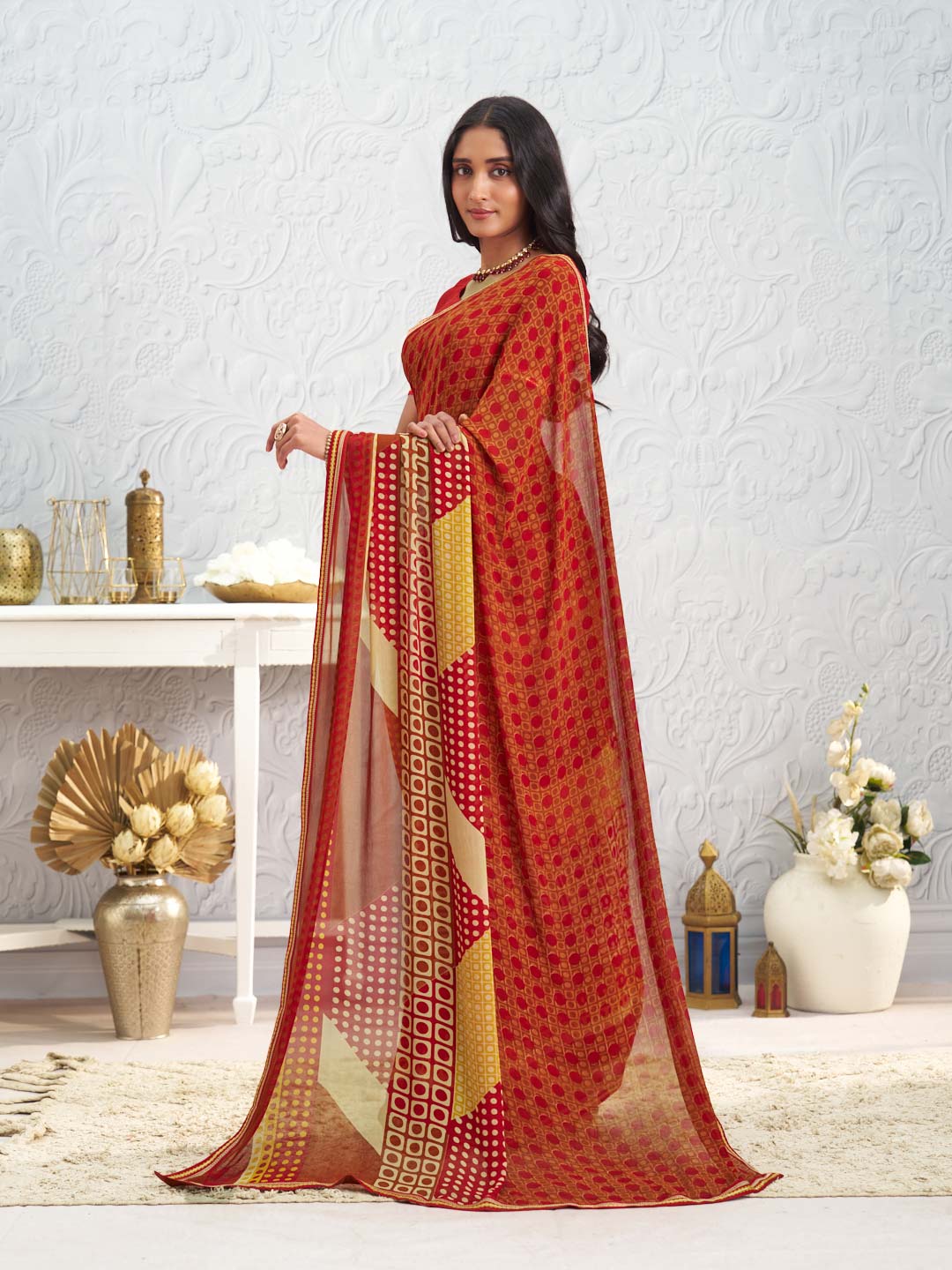 Brown floral printed georgette saree festive wear