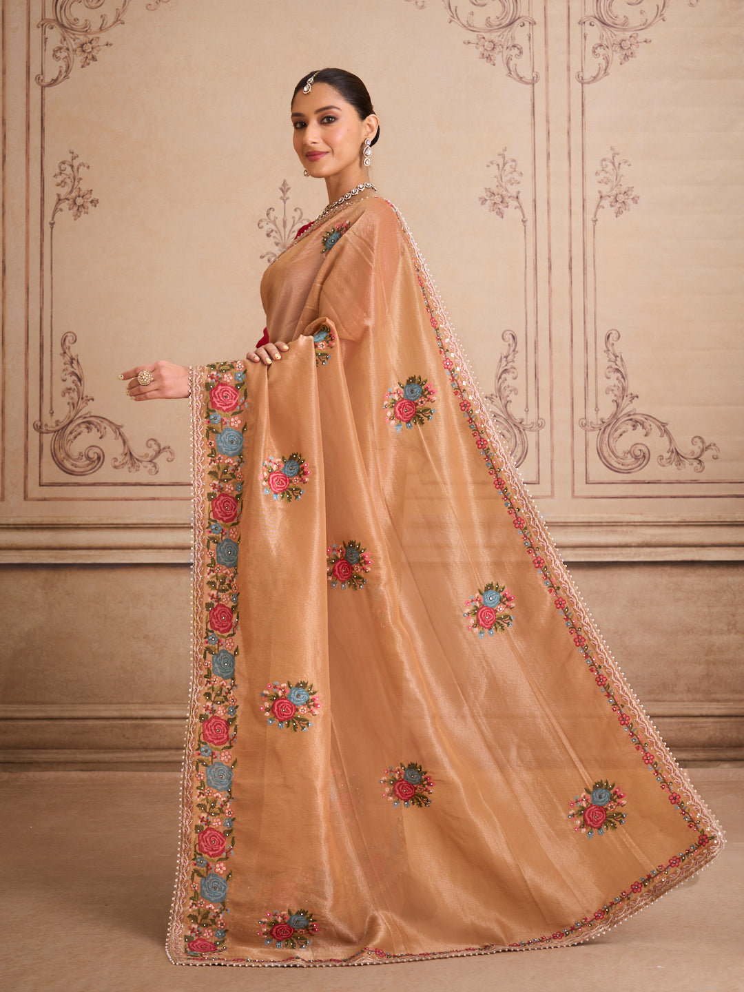 Brown floral embroidered silk blend saree daily wear