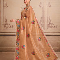 Brown floral embroidered silk blend saree daily wear