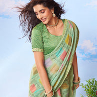 Green block printed silk saree casual wear