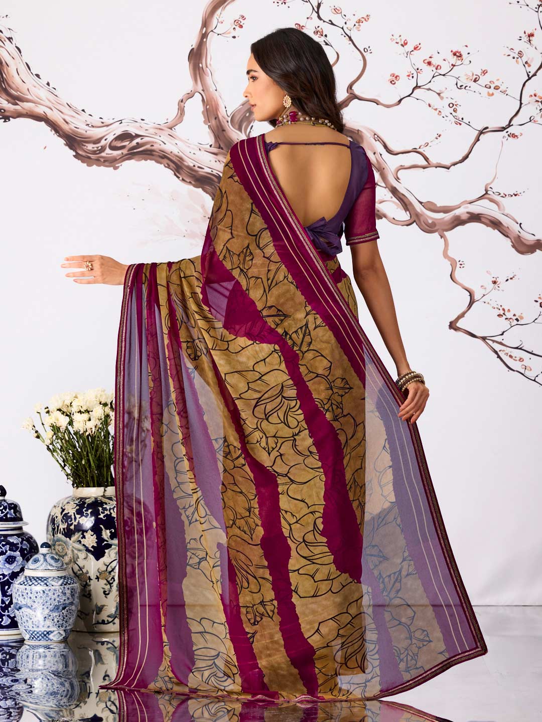 Purple floral printed georgette saree daily wear
