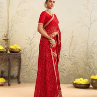 Red embroidered chiffon saree wedding wear