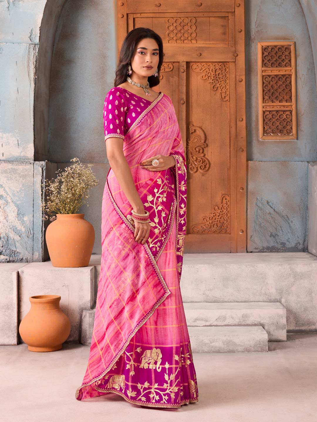 Pink embroidered chiffon saree party wear