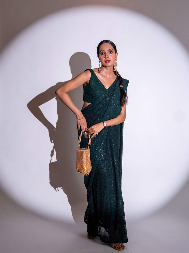 Green sequin embroidered georgette saree party wear