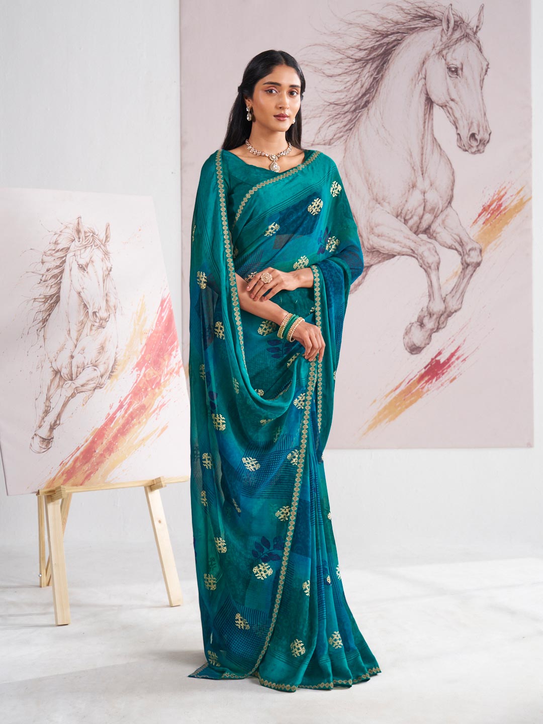 Laxmipati Murli Blue Georgette Floral Saree