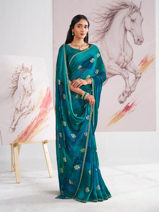 Laxmipati Murli Blue Georgette Floral Saree