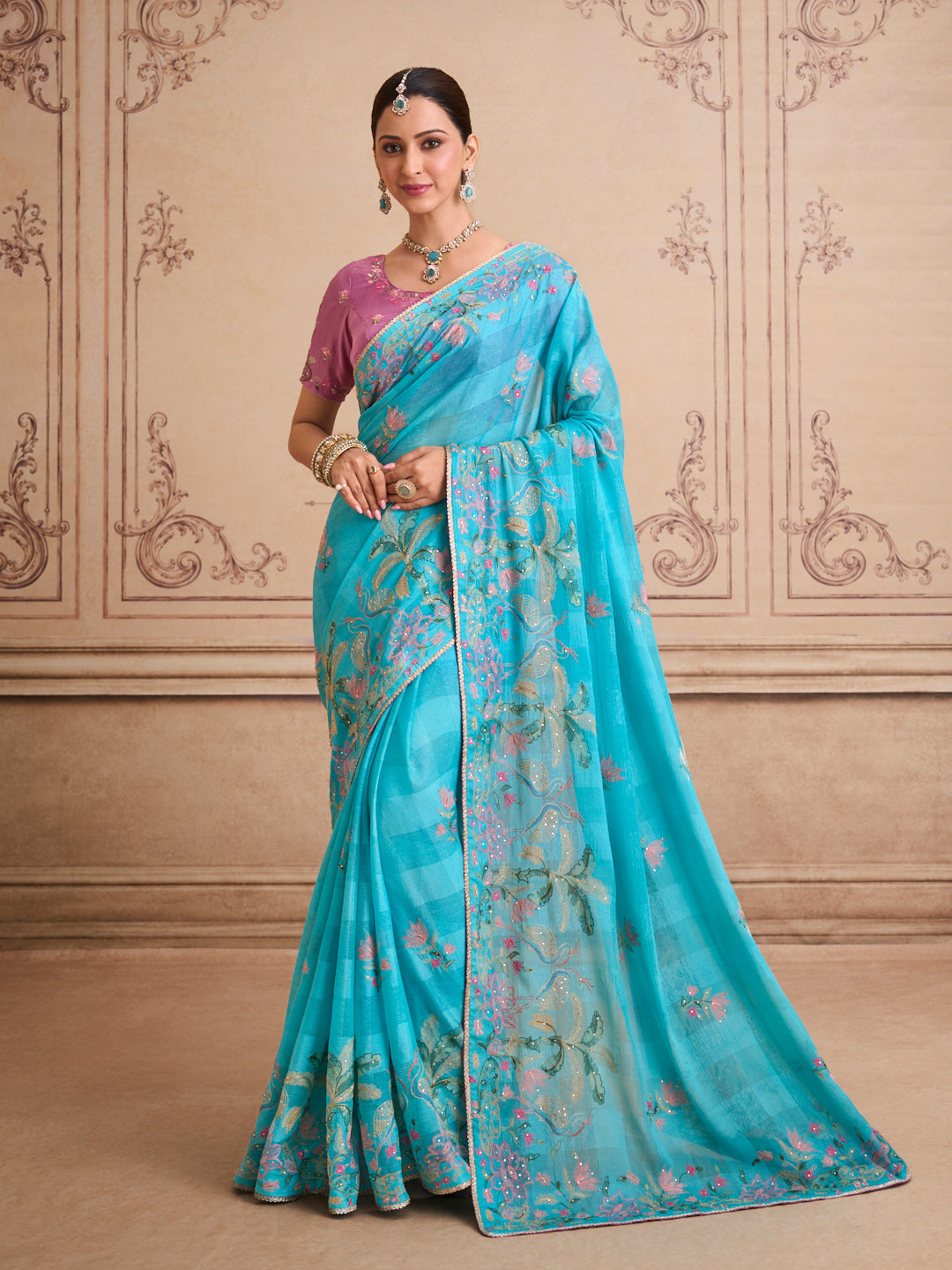 Blue embroidered chiffon saree party wear