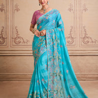 Blue embroidered chiffon saree party wear