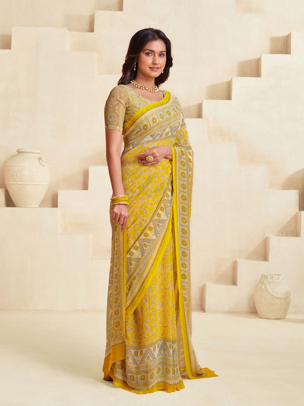 Yellow printed saree lightweight georgette