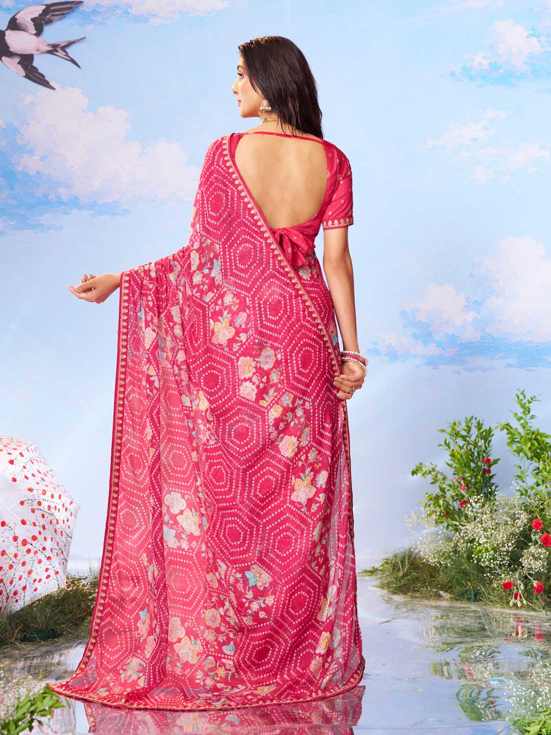 Pink printed silk saree daily wear