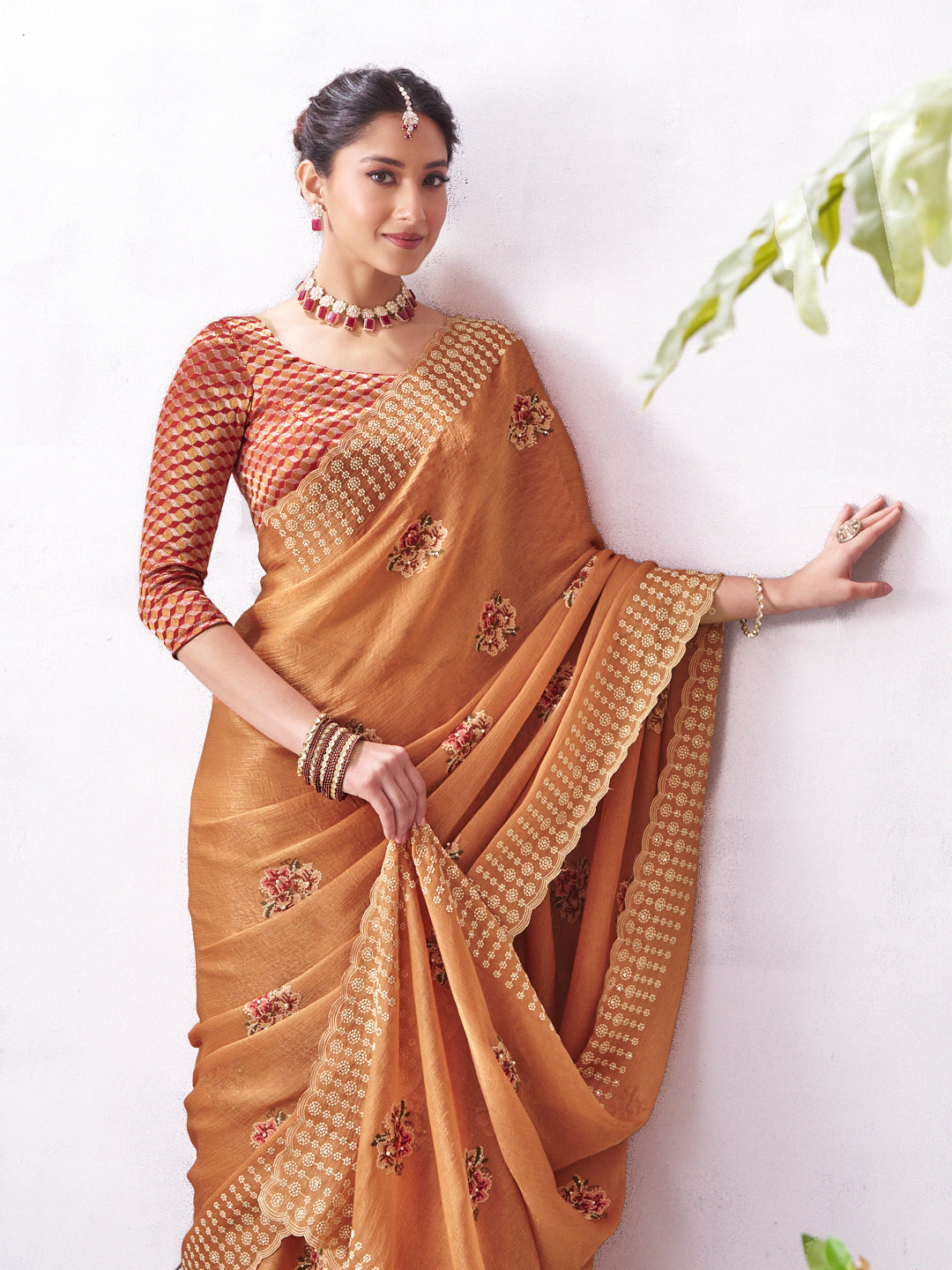 Orange embroidered saree lightweight chiffon