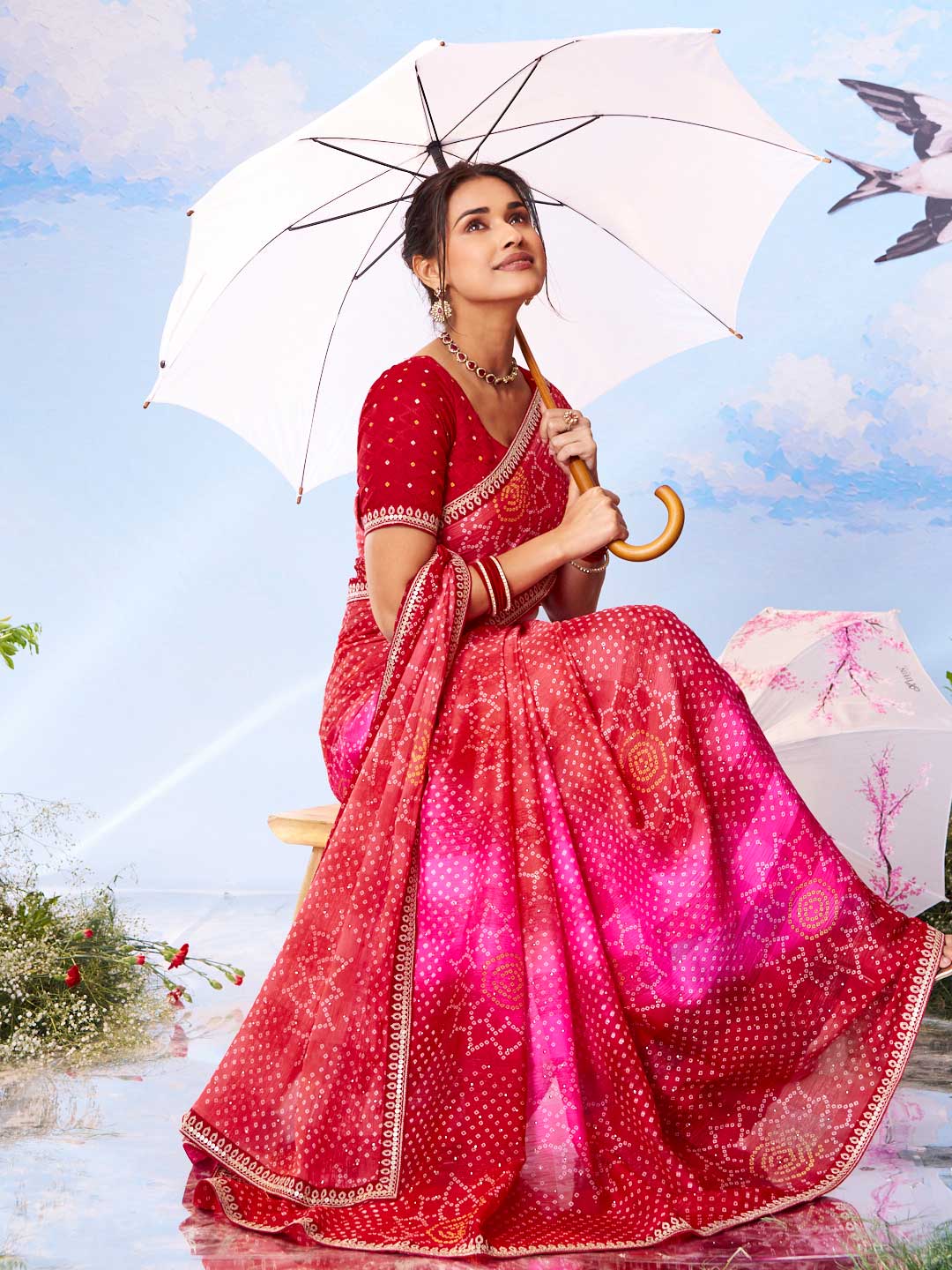  rani pink floral silk saree party wear