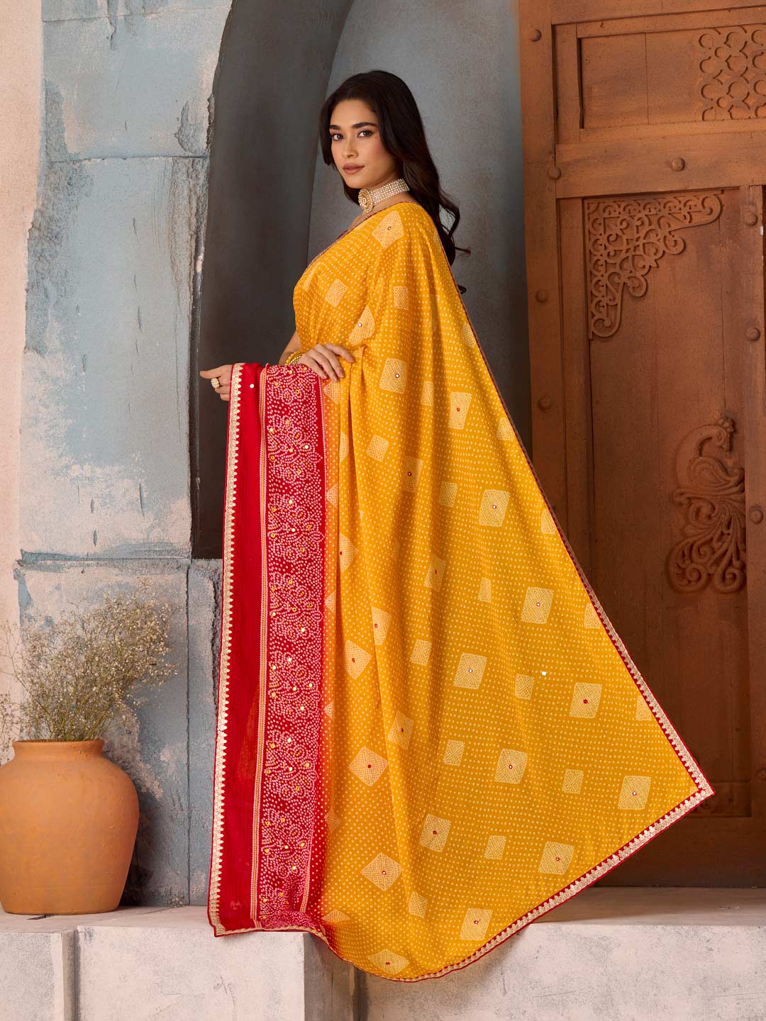 Mustard bandhani printed silk blend saree casual wear
