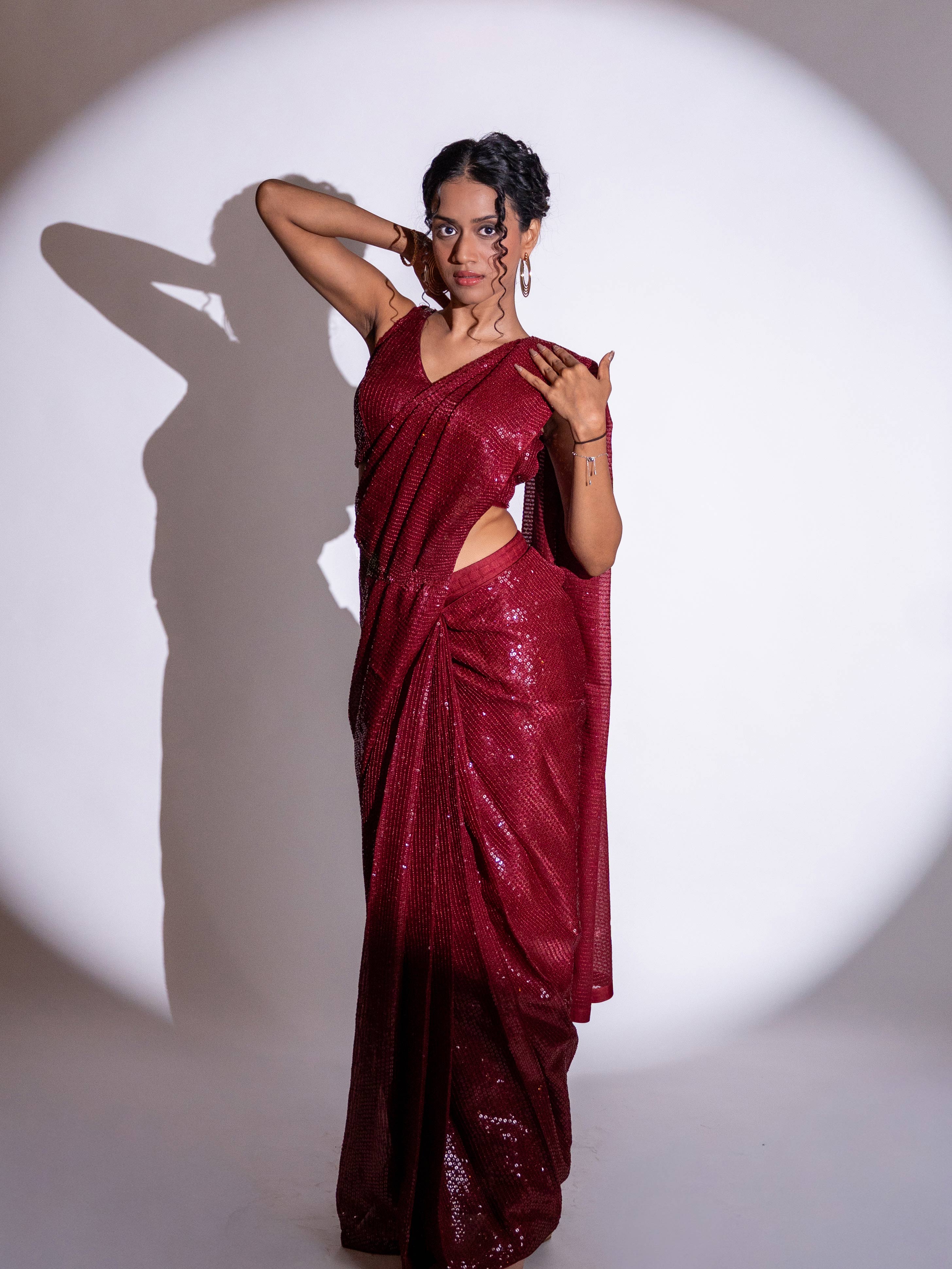 Maroon sequin embroidered georgette saree festive wear