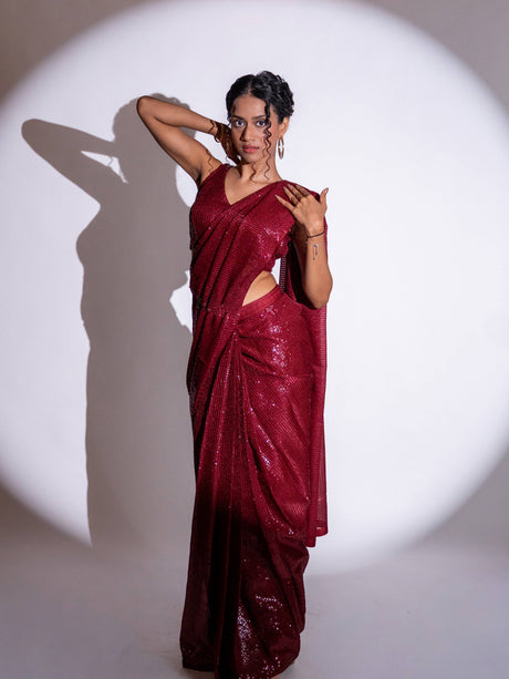 Maroon sequin embroidered georgette saree festive wear