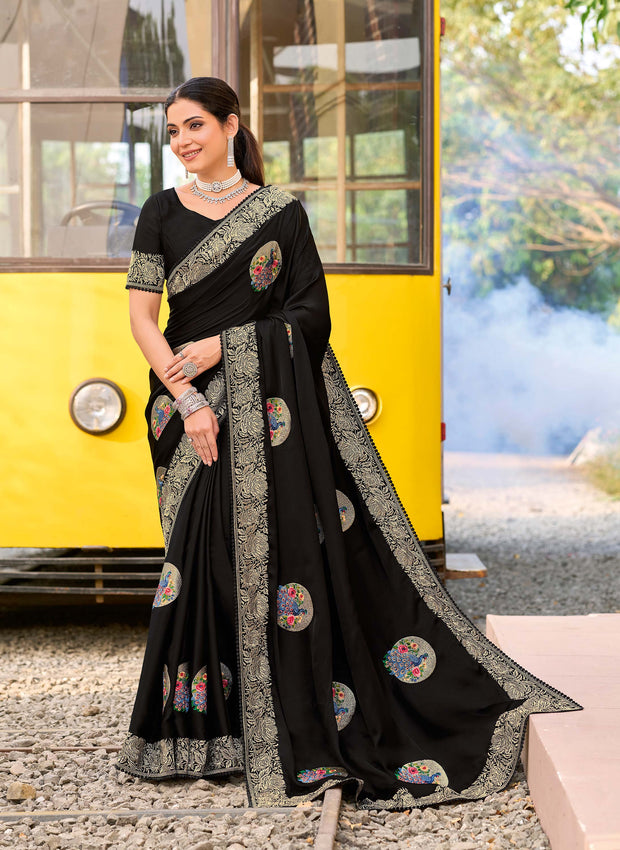 Black silk blend peacock embroidered saree