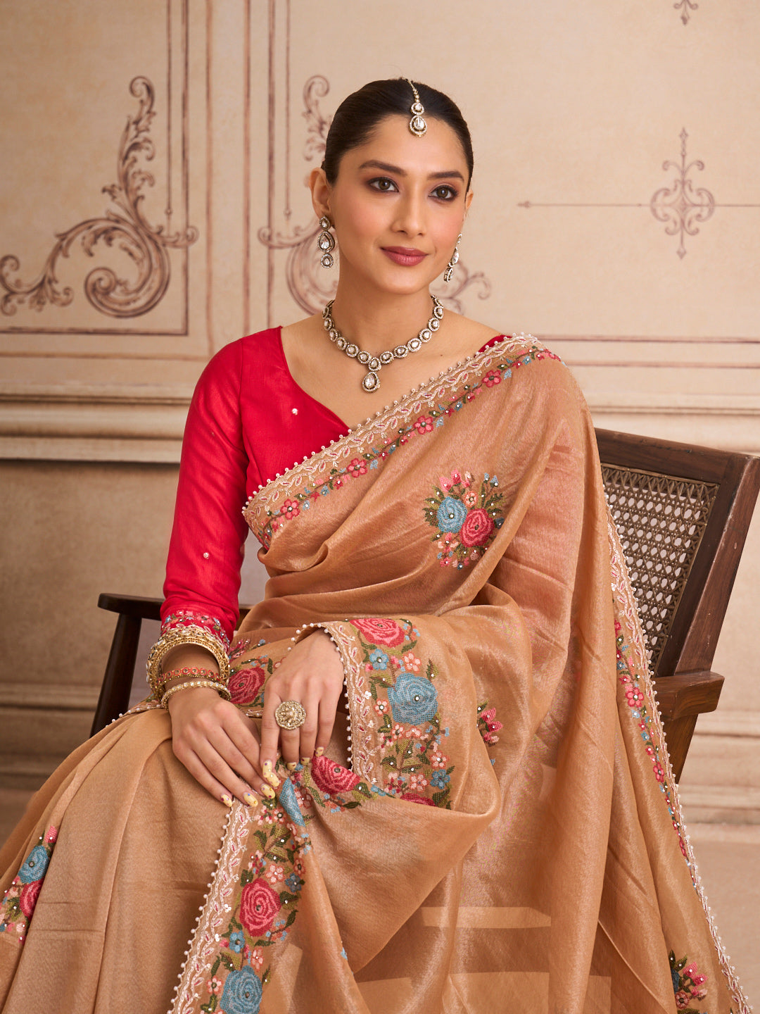 Brown floral embroidered silk blend saree wedding wear