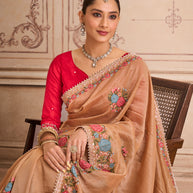 Brown floral embroidered silk blend saree wedding wear