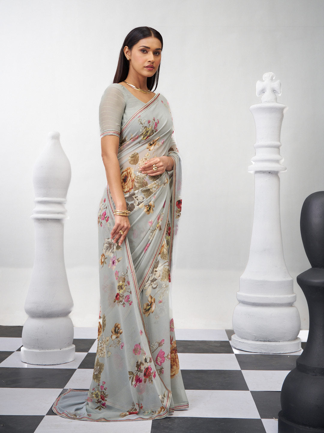 Grey floral saree lightweight georgette