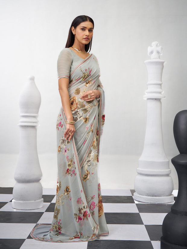 Grey floral saree lightweight georgette