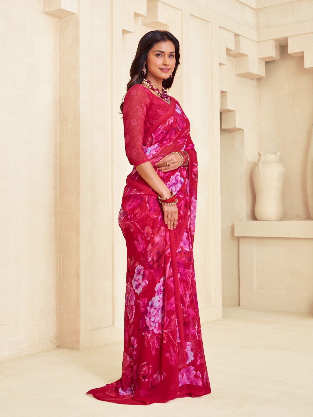 Pink printed saree daily use