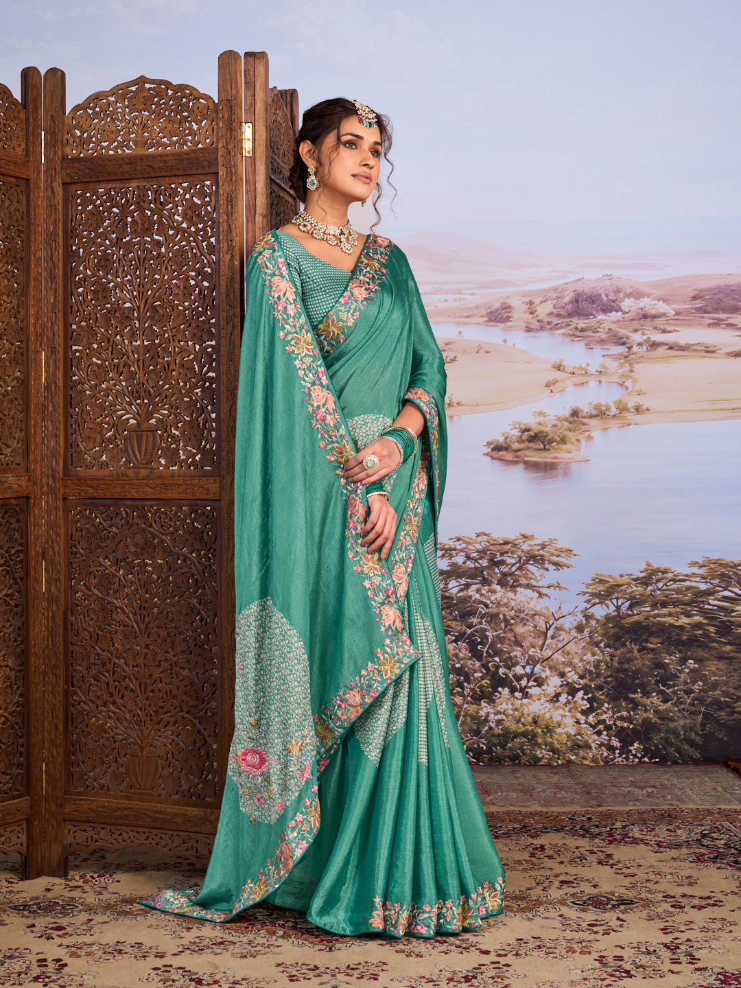 Blue floral embroidered silk blend saree party wear