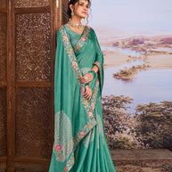 Blue floral embroidered silk blend saree party wear