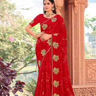Red chiffon floral print saree with bird motifs