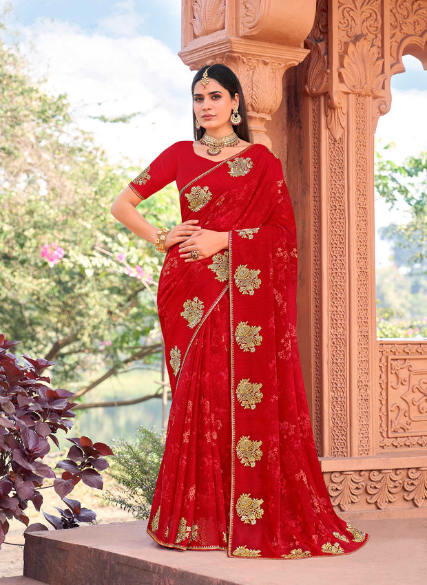 Red chiffon floral print saree with bird motifs