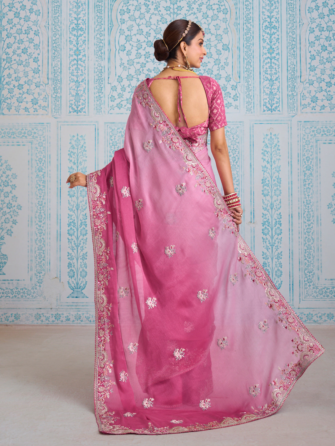 Laxmipati Aanya Pink Chiffon Embroidered Saree