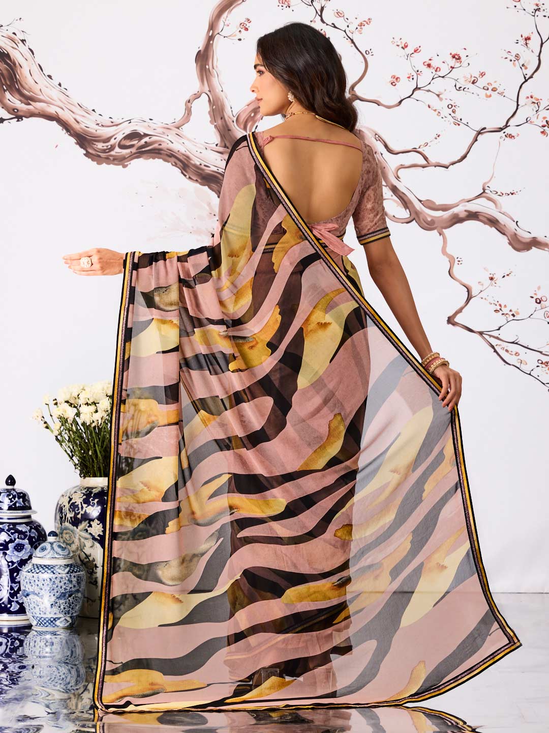 Brown abstract printed georgette saree wedding wear