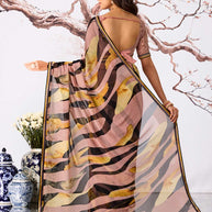 Brown abstract printed georgette saree wedding wear
