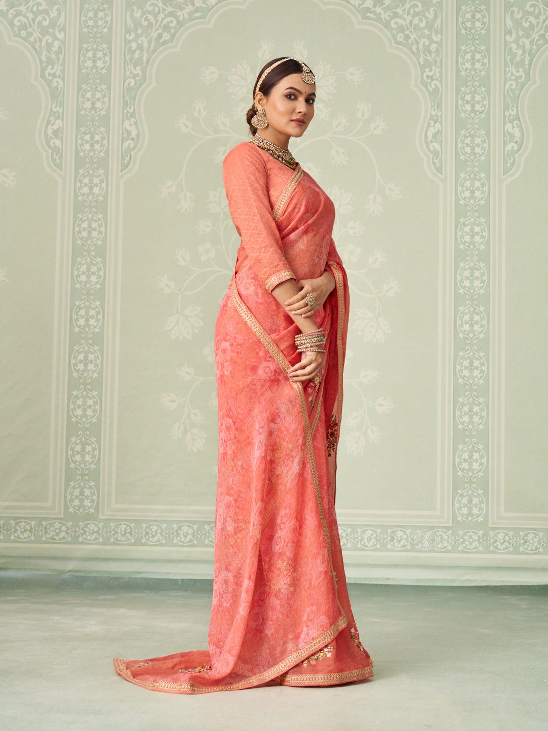 Peach floral embroidered chiffon saree casual wear