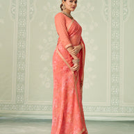 Peach floral embroidered chiffon saree casual wear