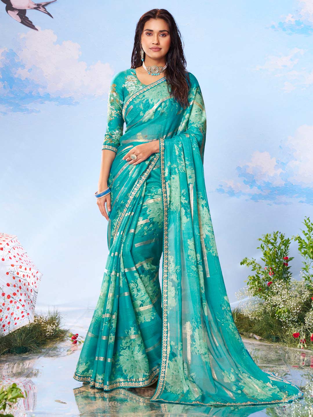 Blue floral printed chiffon saree daily wear 