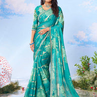 Blue floral printed chiffon saree daily wear 