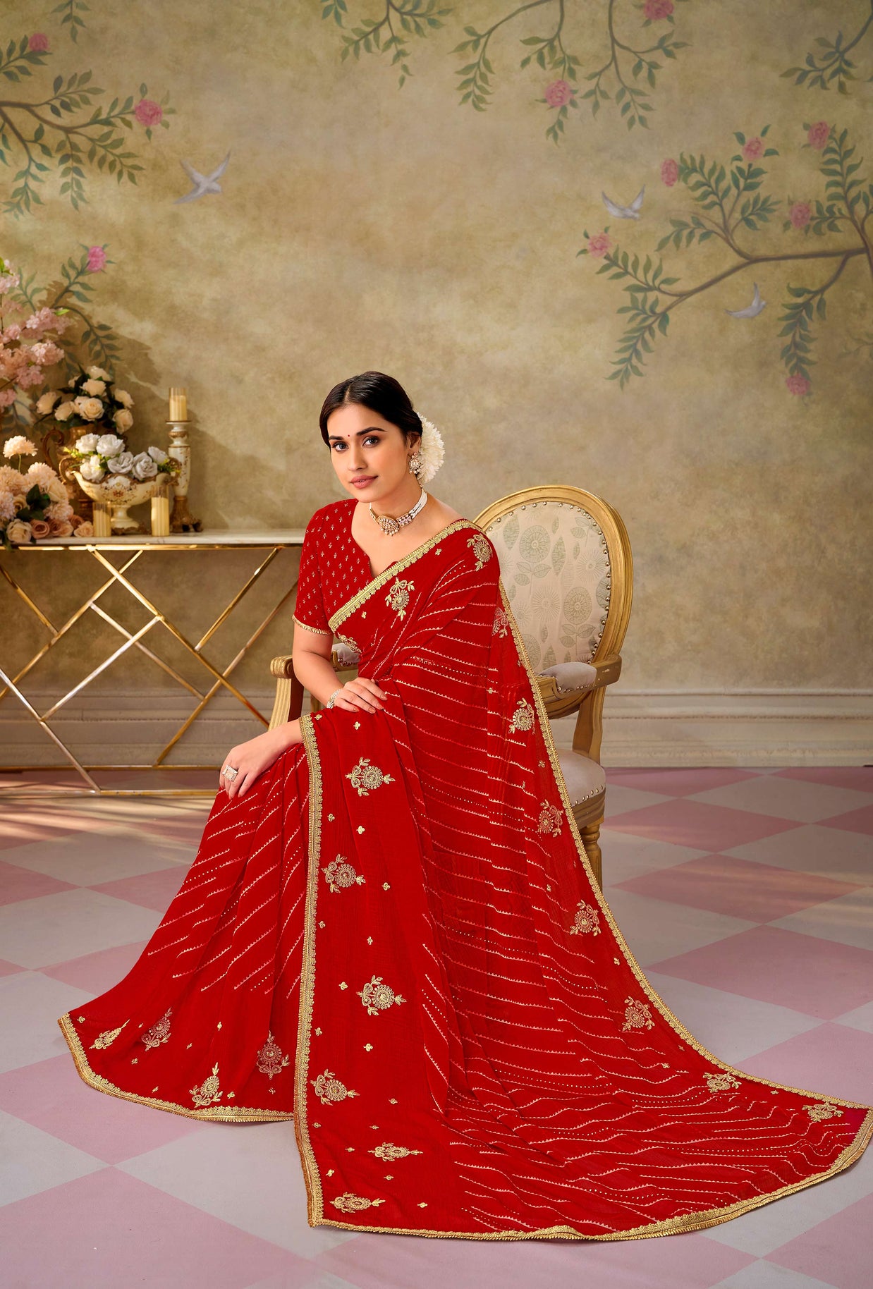 Red embroidered chiffon saree daily wear