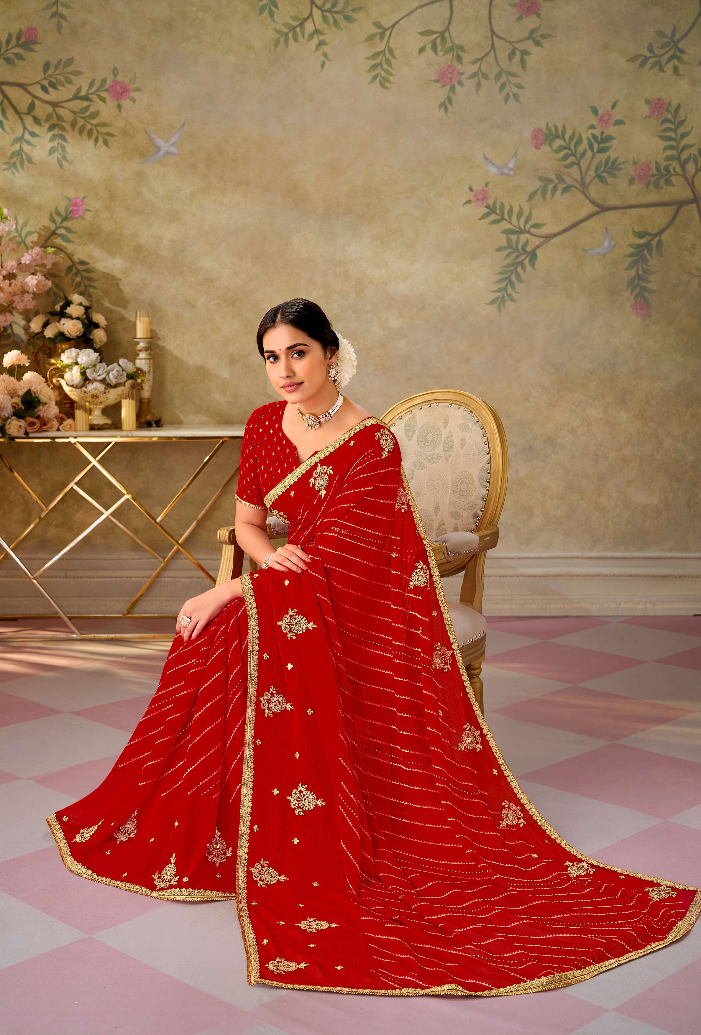 Red embroidered chiffon saree daily wear